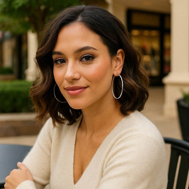 A woman wearing hoop earrings