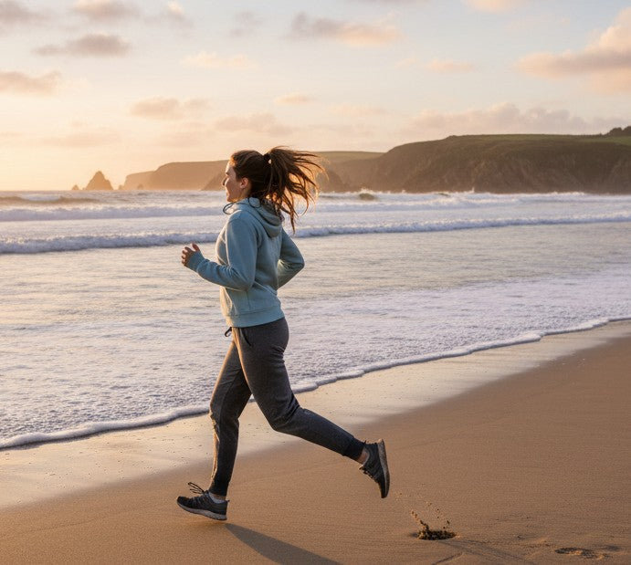 Woman running on the beach in joggers and hoodie