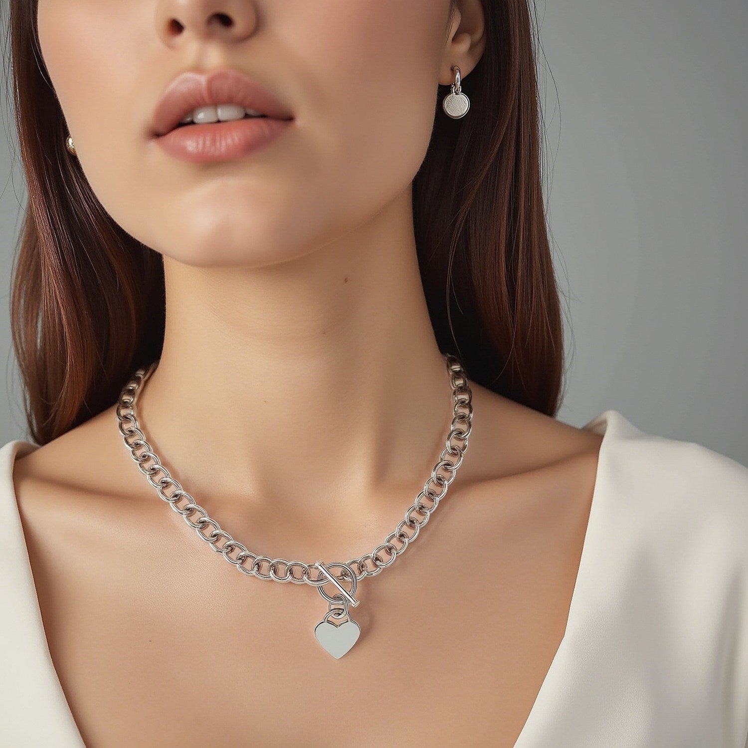 Sterling Silver Rolo Chain  with a Heart Toggle Charm and Rhodium Plating (8mm)