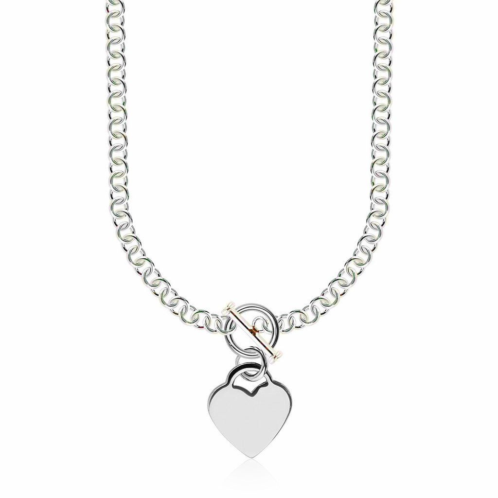 Sterling Silver Rhodium Plated Rolo Chain Necklace with a Heart Toggle Charm (6mm)