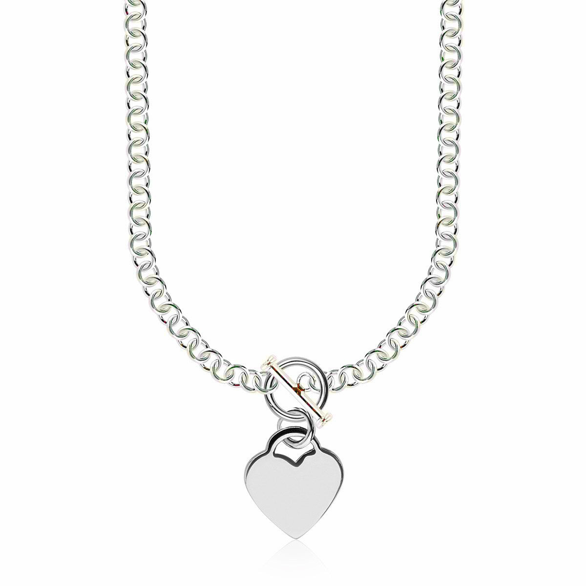 Sterling Silver Rhodium Plated Rolo Chain Necklace with a Heart Toggle Charm (6mm)