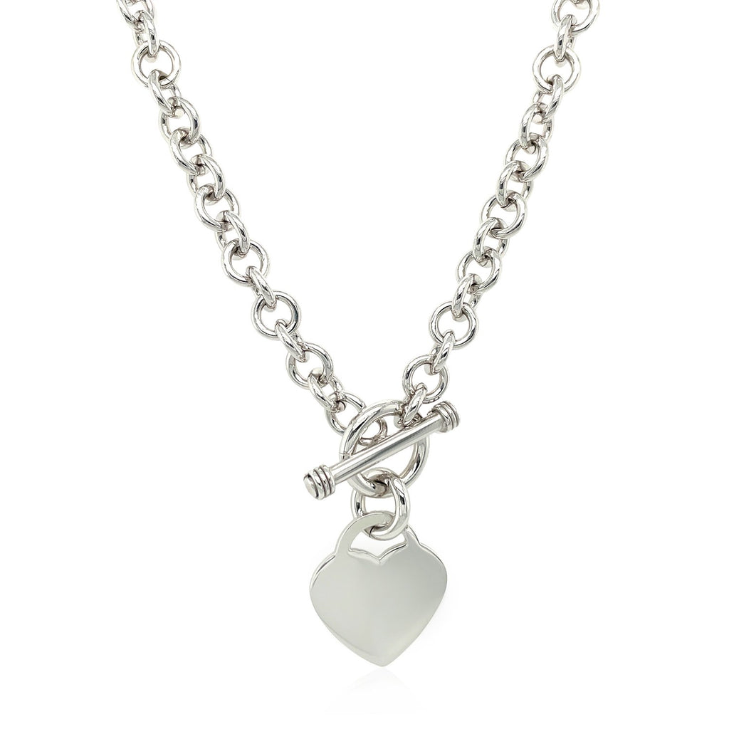 Sterling Silver Rhodium Plated Rolo Chain Necklace with a Heart Toggle Charm (6mm)