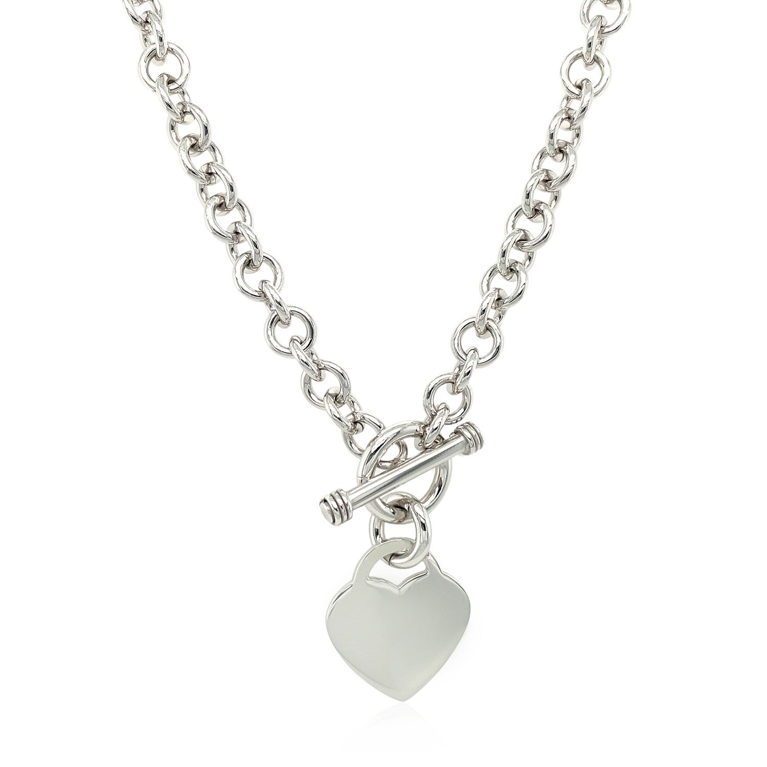 Sterling Silver Rhodium Plated Rolo Chain Necklace with a Heart Toggle Charm (6mm)