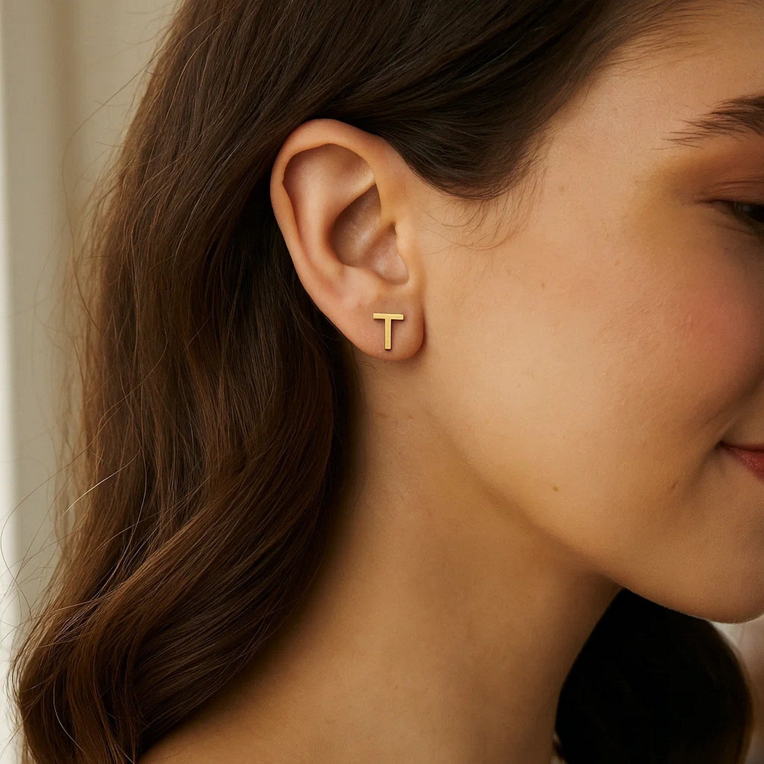 14K Yellow Gold Yours Truly Initial T Stud Earrings