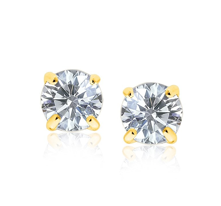 14k Yellow Gold Stud Earrings with White Hue Faceted Cubic Zirconia(3mm)