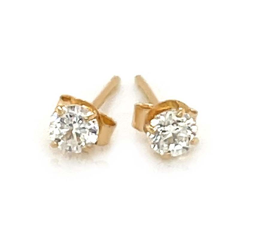 14k Yellow Gold Stud Earrings with White Hue Faceted Cubic Zirconia(3mm)