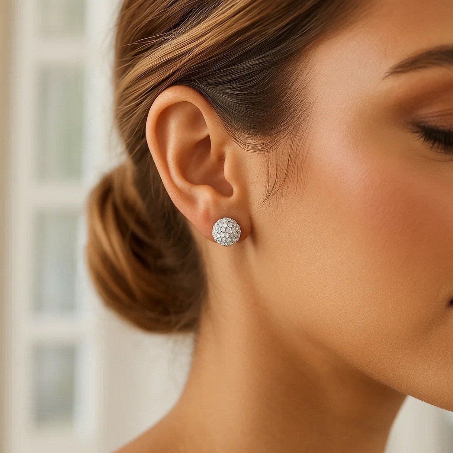 White Tone Crystal Ball Stud Earrings in 14k Yellow Gold(8mm)