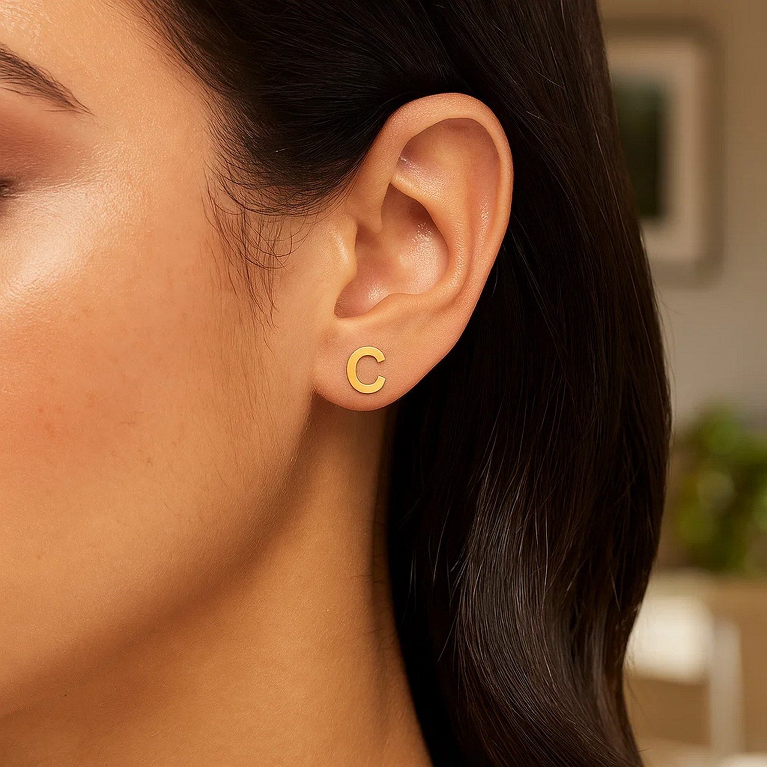 14K Yellow Gold Yours Truly Initial C Stud Earrings